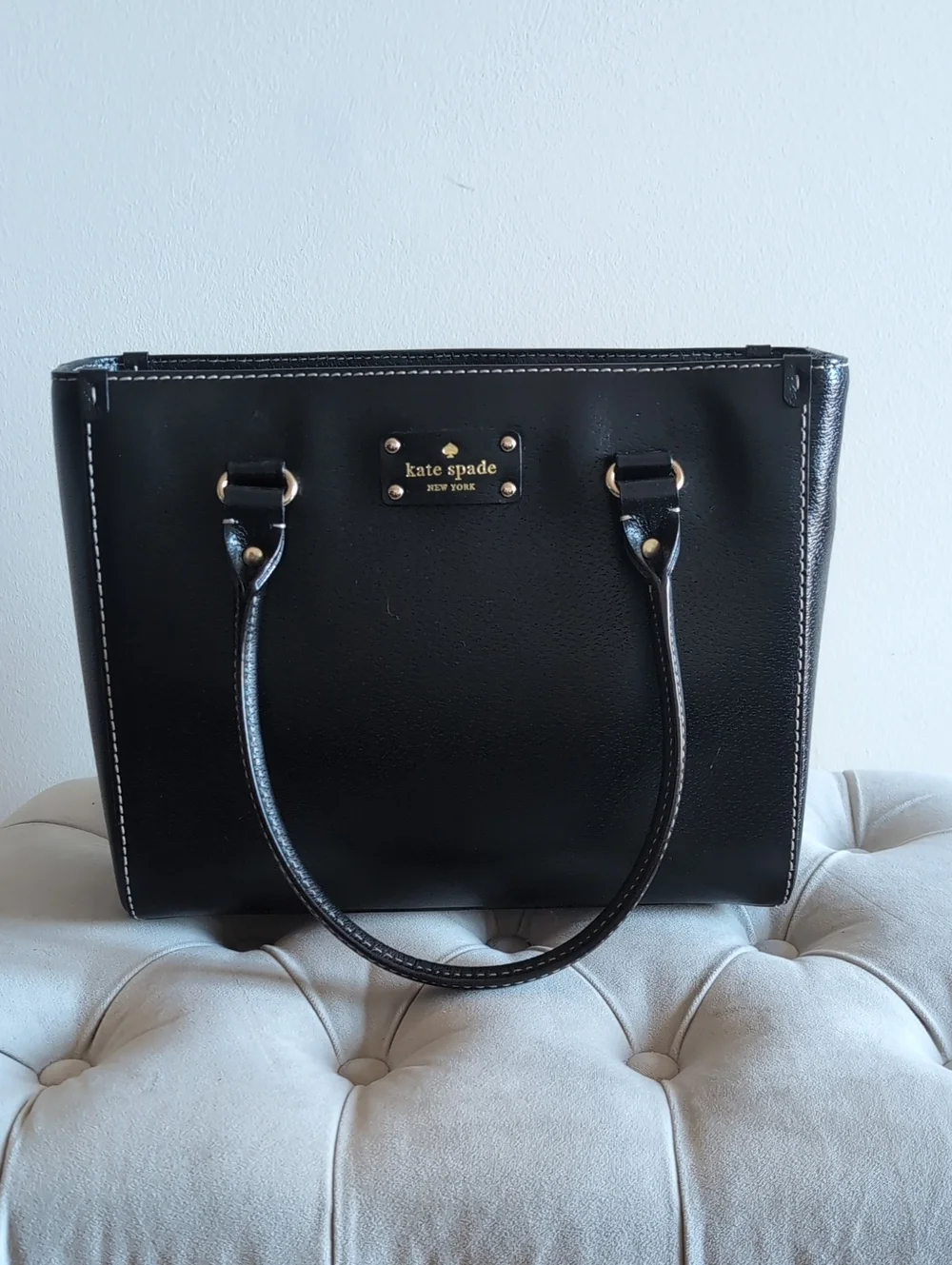 kate spade Black Leather Tote with Gold-Tone Plaque